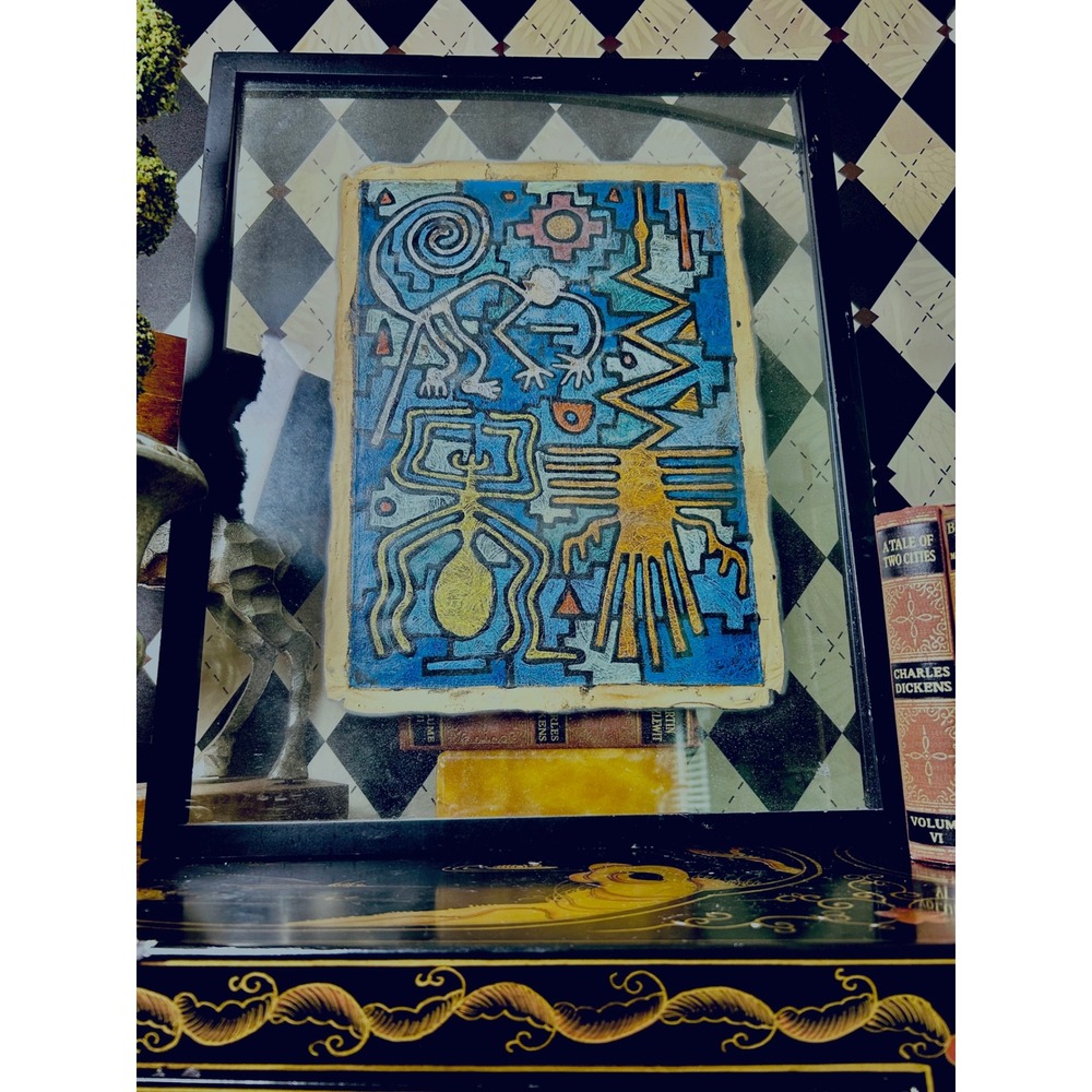 Peruvian Leather Folk Art Framed Paracas Nazca Style Cusco Painting 21x17 - Picture 4 of 17